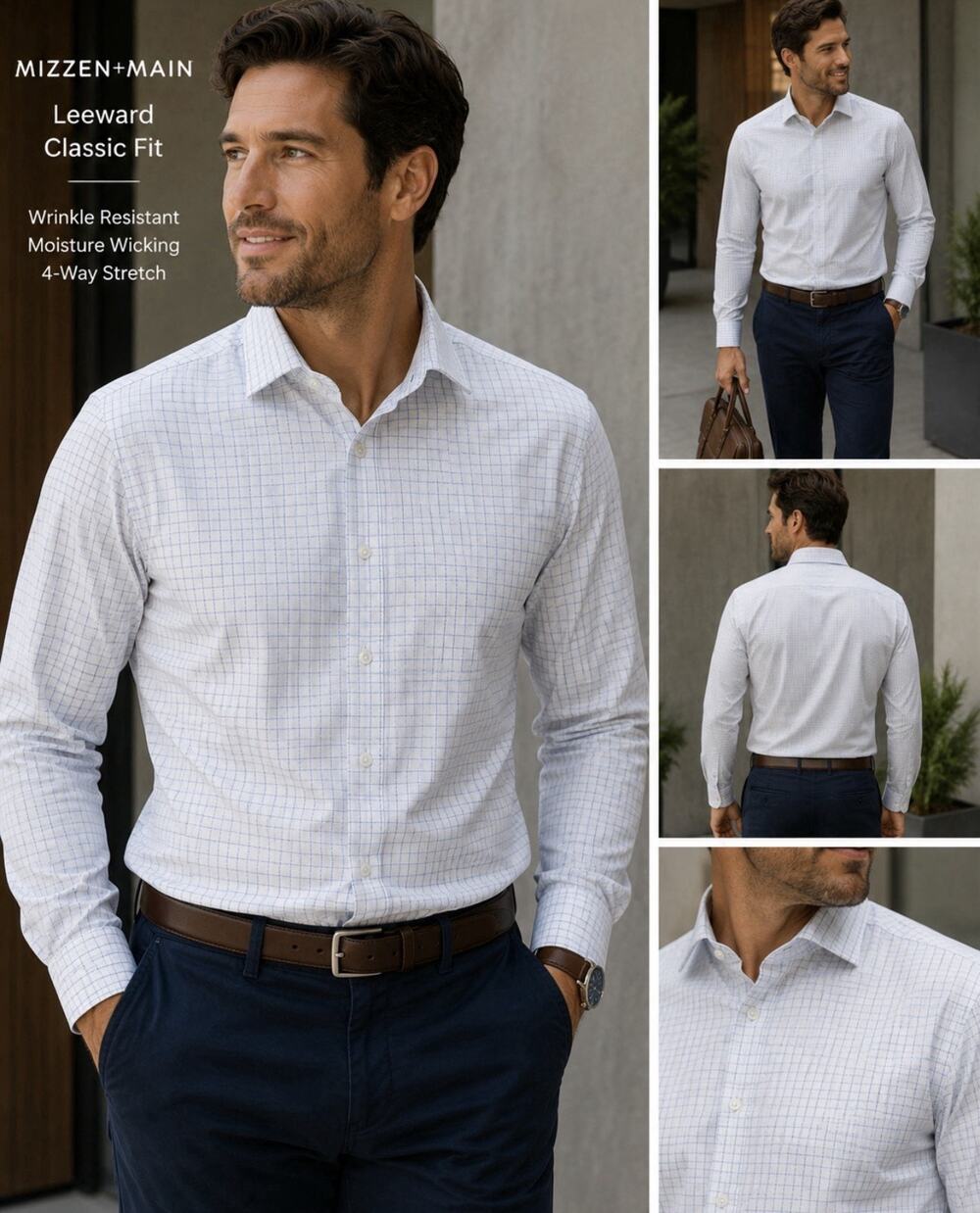 Mizzen+Main Leeward Classic Dress Shirt Men’s M White Blue Check Stretch